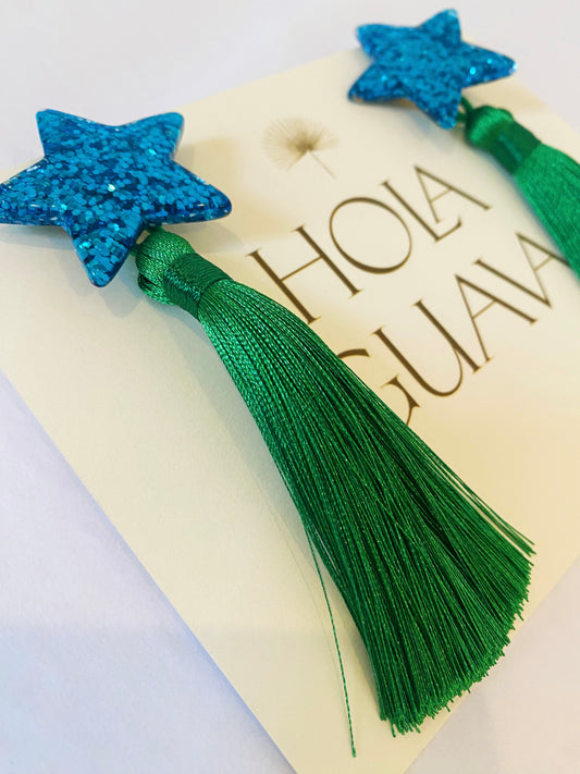 Hola Guava Star Earrings — Blue Stars with Kelly Green Tassel