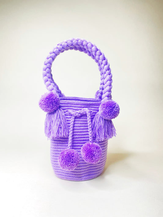 Lavender Mini PomPom Bag - lavender purple mini top handle bag handmade in Colombia