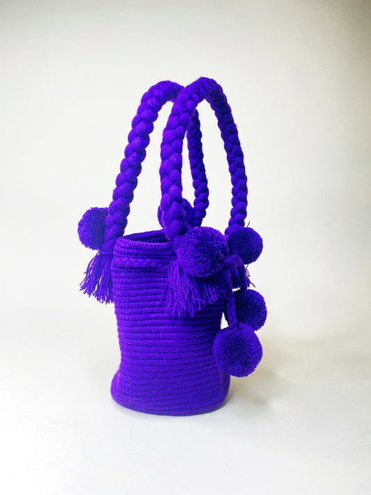 Royal Purple Mini PomPom Bag detail - purple mini purse with pompom by Hola Guava