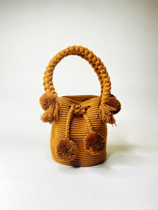 Sienna Mini PomPom Bag - brown mini top handle bag handmade in Colombia