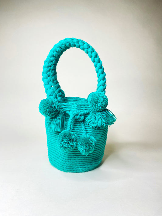 Emerald Green Mini PomPom Bag - dark green mini top handle bag handmade in Colombia