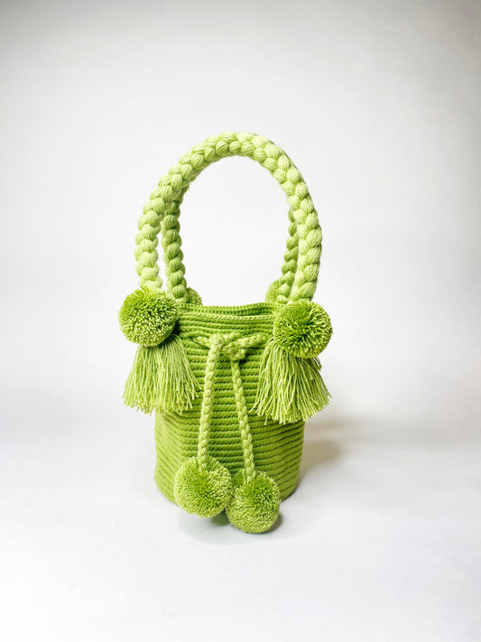 Lime Mini PomPom Bag - lime green mini top handle bag handmade in Colombia