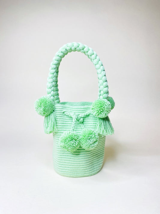 Mint Mini PomPom Bag - mint green mini top handle bag handmade in Colombia