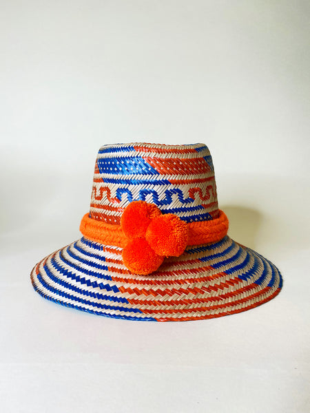 Burnt Orange Blue Natural Handwoven Hat