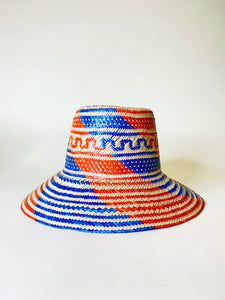 Burnt Orange Blue Natural Handwoven Hat
