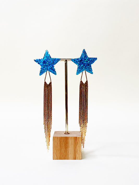 Star Chain Earrings — Blue | Statement Drop