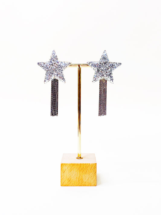 Star Chain II Earrings — Silver Hearts & Stars | Statement Drop