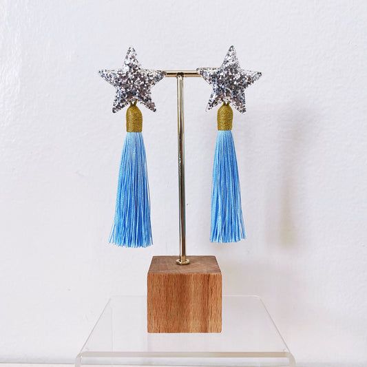 Star Earrings — Silver Stars with Ice Blue Tassel