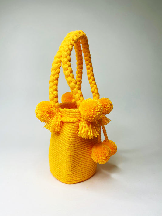 Mango Mini PomPom Bag detail - colorful orange mini purse by Hola Guava
