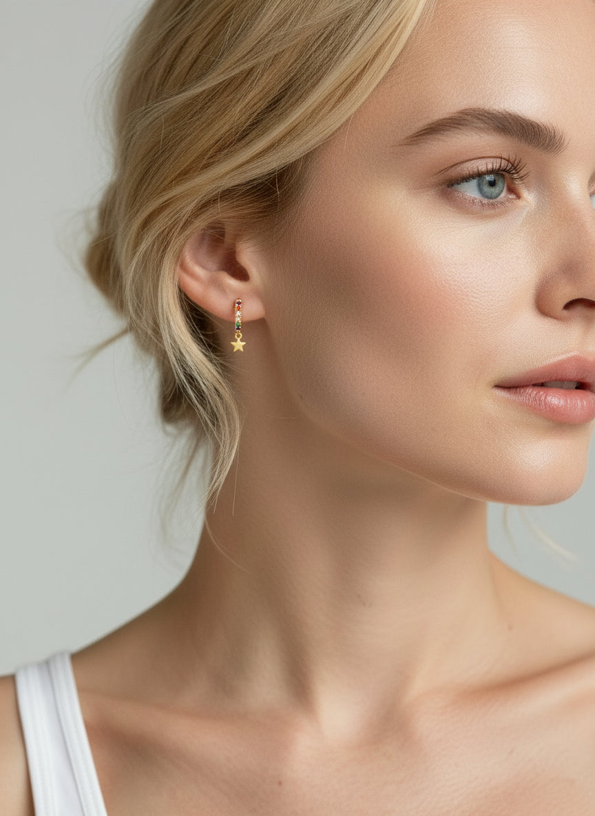 Rainbow Star Huggie Earrings — 14k Gold Filled | Micropavé