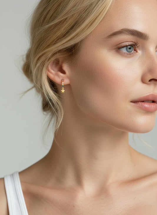 Rainbow Star Huggie Earrings — 14k Gold Filled | Micropavé