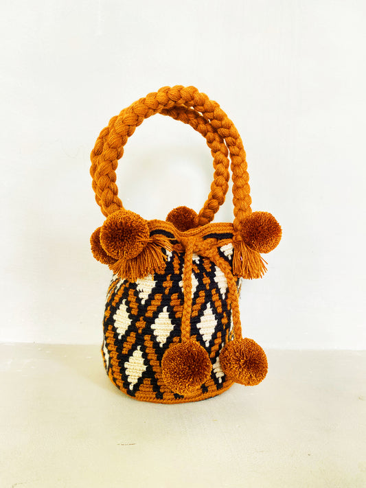 The Café Mini PomPom Bag detail - small beige handmade purse by Hola Guava