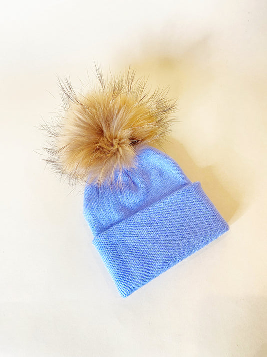 Periwinkle Knit Hat w/ Fur PomPom