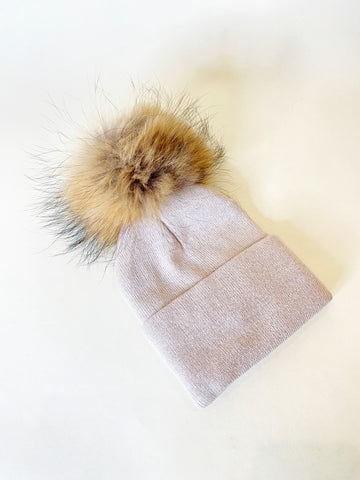 Beige Knit Hat w/ Fur PomPom