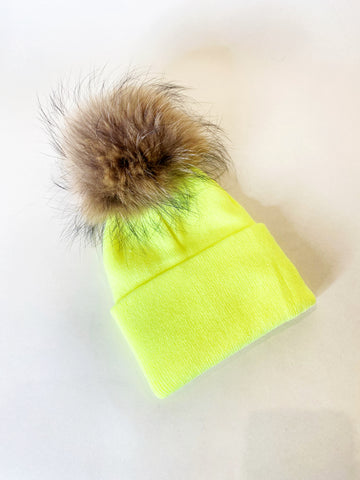 Neon Knit Hat w/ Fur PomPom