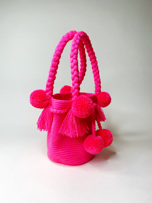 Hot Pink Mini PomPom Bag detail - small pink mini purse by Hola Guava