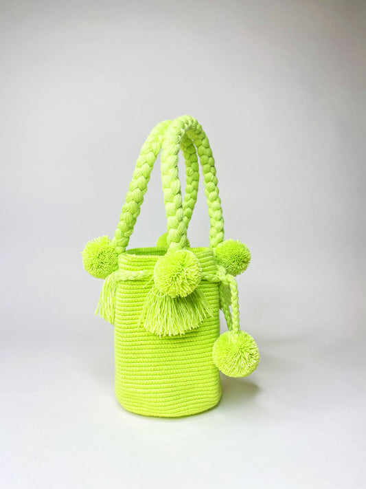 Chartreuse Mini PomPom Bag detail - bold chartreuse mini purse by Hola Guava