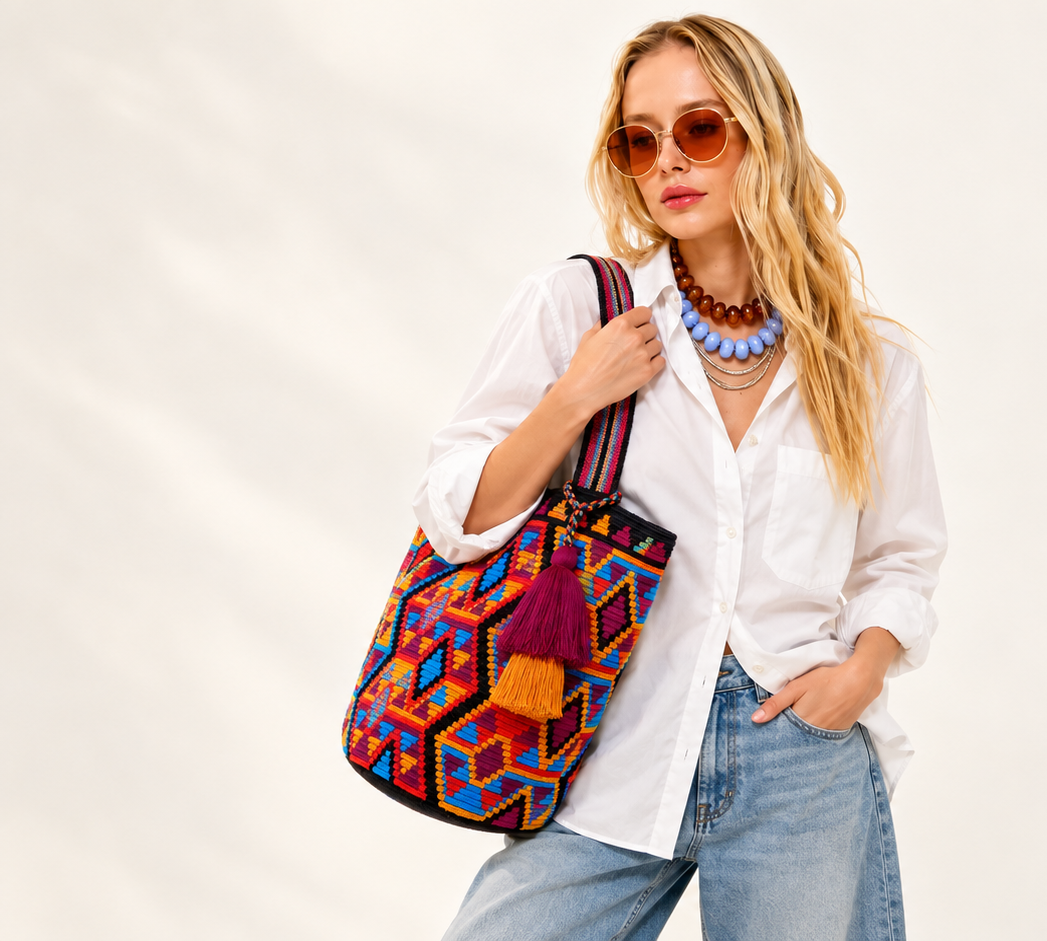 Model wearing a white shirt, blue and amber beaded necklaces, and orange sunglasses with the colorful handwoven Dahlia tote on her shoulder.