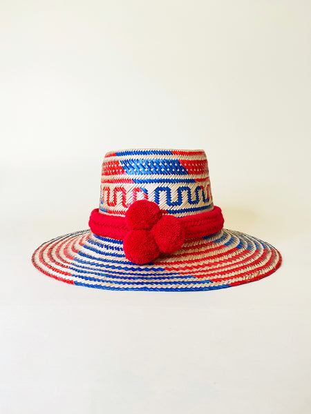 Red Blue Natural Handwoven Hat