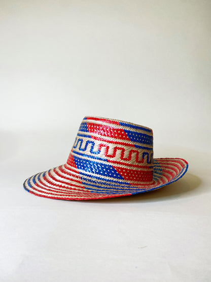 Red Blue Natural Handwoven Hat