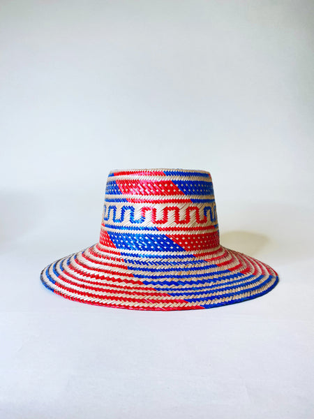 Red Blue Natural Handwoven Hat
