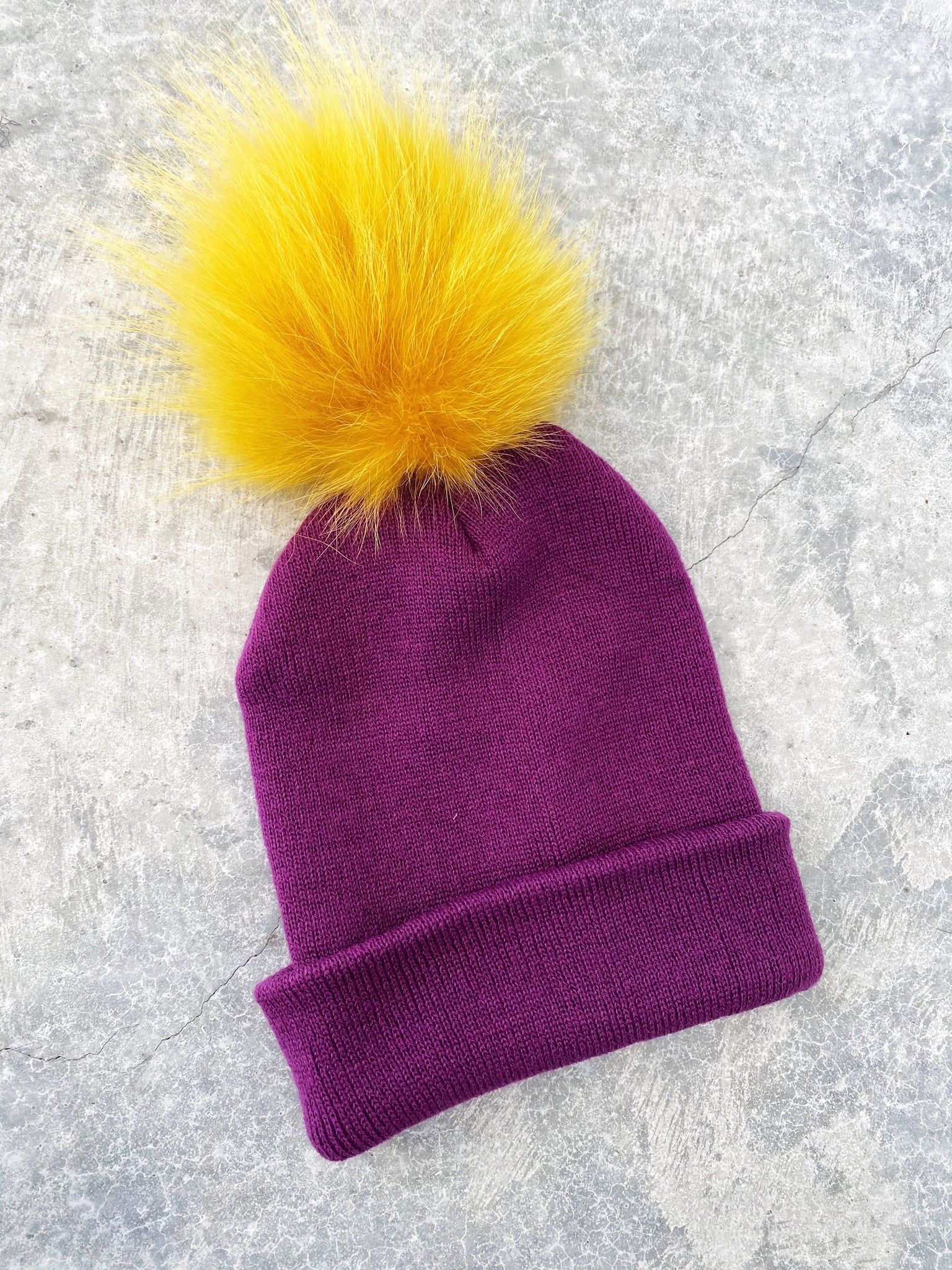 Purple Knit Hat w/ Yellow Fur PomPom