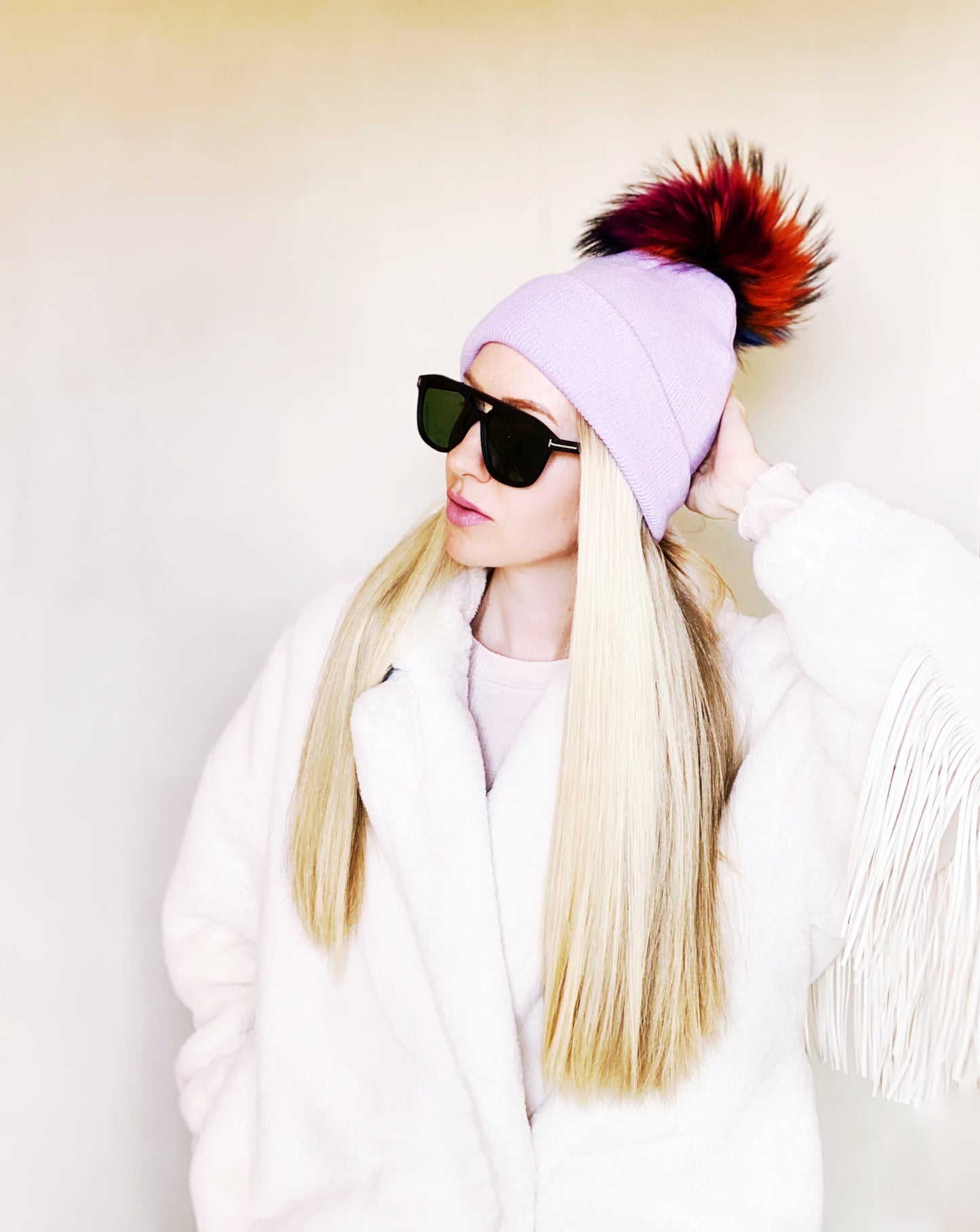Knit Hat with Rainbow PomPom