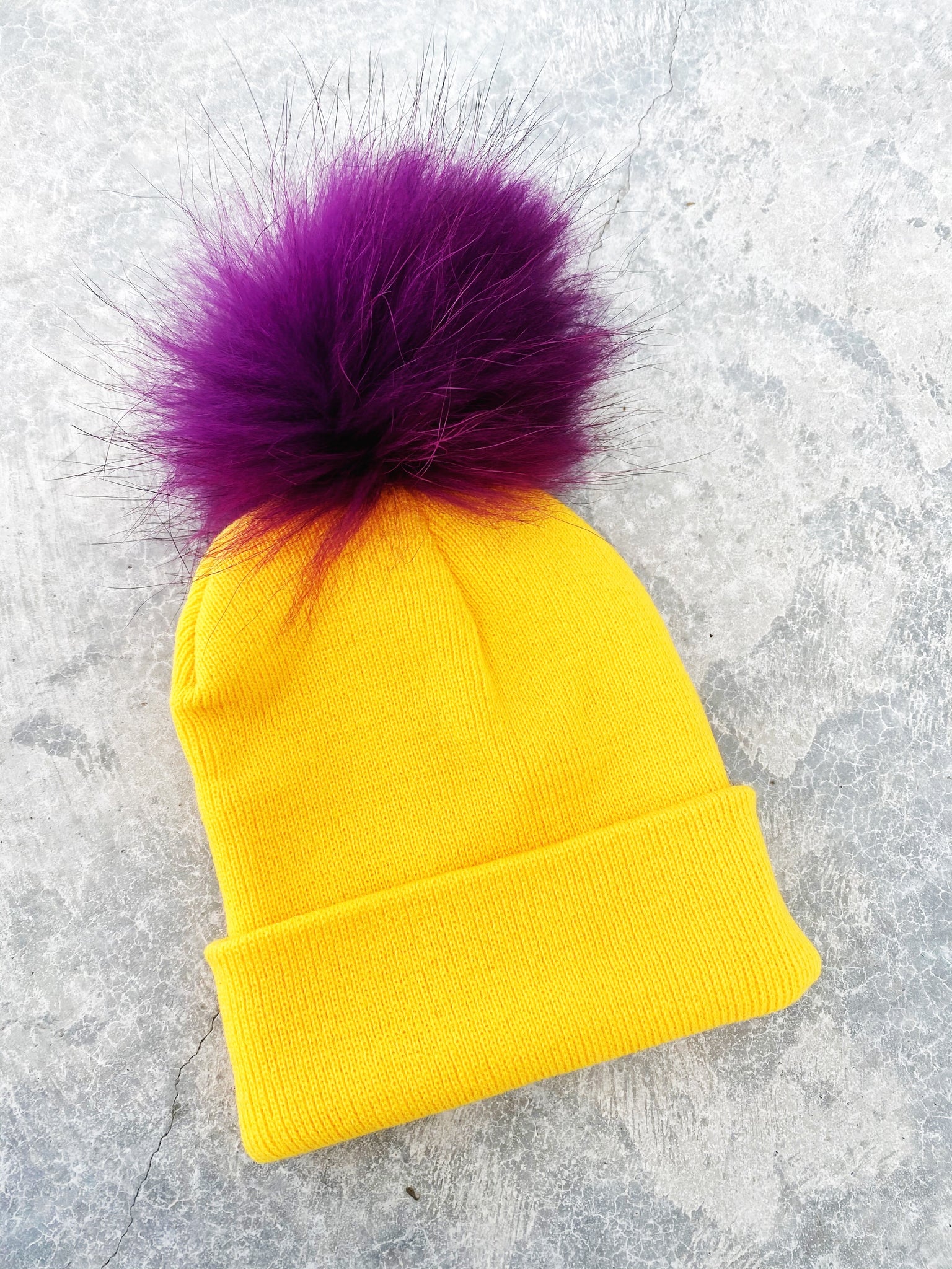 Yellow Knit Hat w/ Purple Fur PomPom