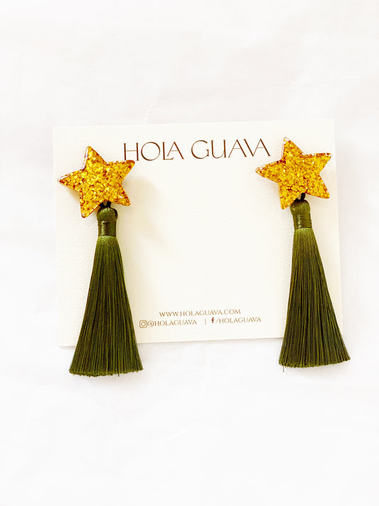 Star Earrings — Gold Stars with Army Green Tassel