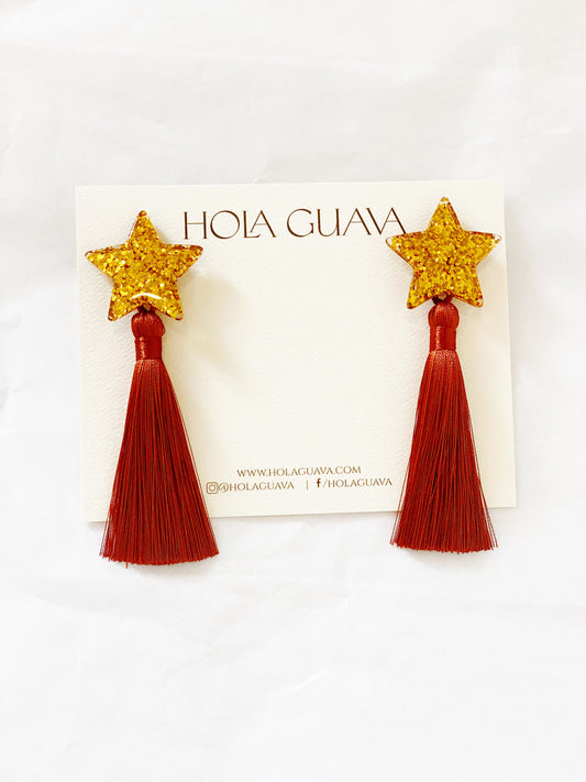 Star Earrings — Gold Stars with Sienna Brown Tassel