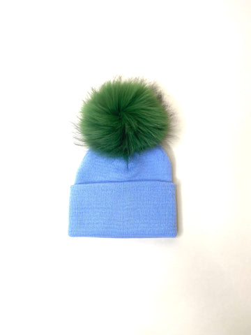 Light Blue Knit Hat w/ Fur PomPom