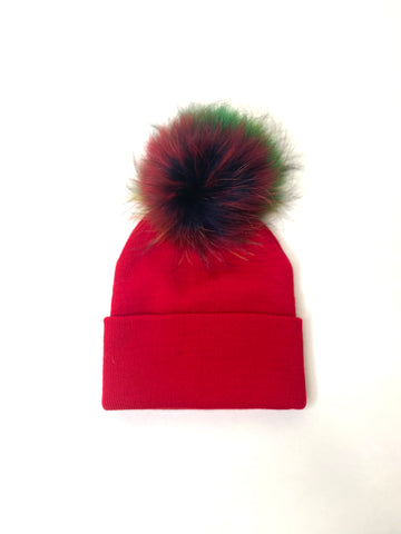 Red Knit Hat w/ Fur PomPom