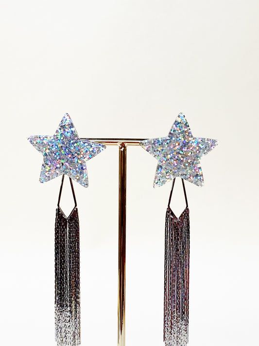 Star Chain Earrings — Iridescent Silver | Statement Drop