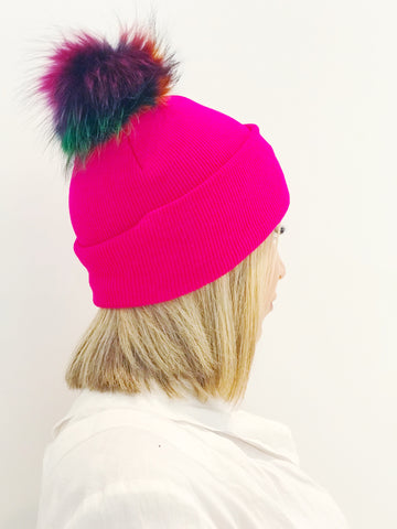 Fuchsia Knit Hat w/ Rainbow Fur PomPom