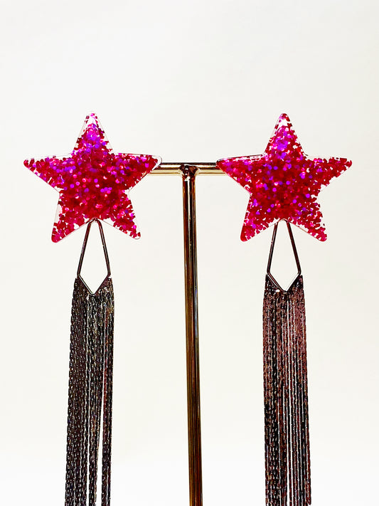 Star Chain Earrings — Fuchsia Pink | Statement Drop